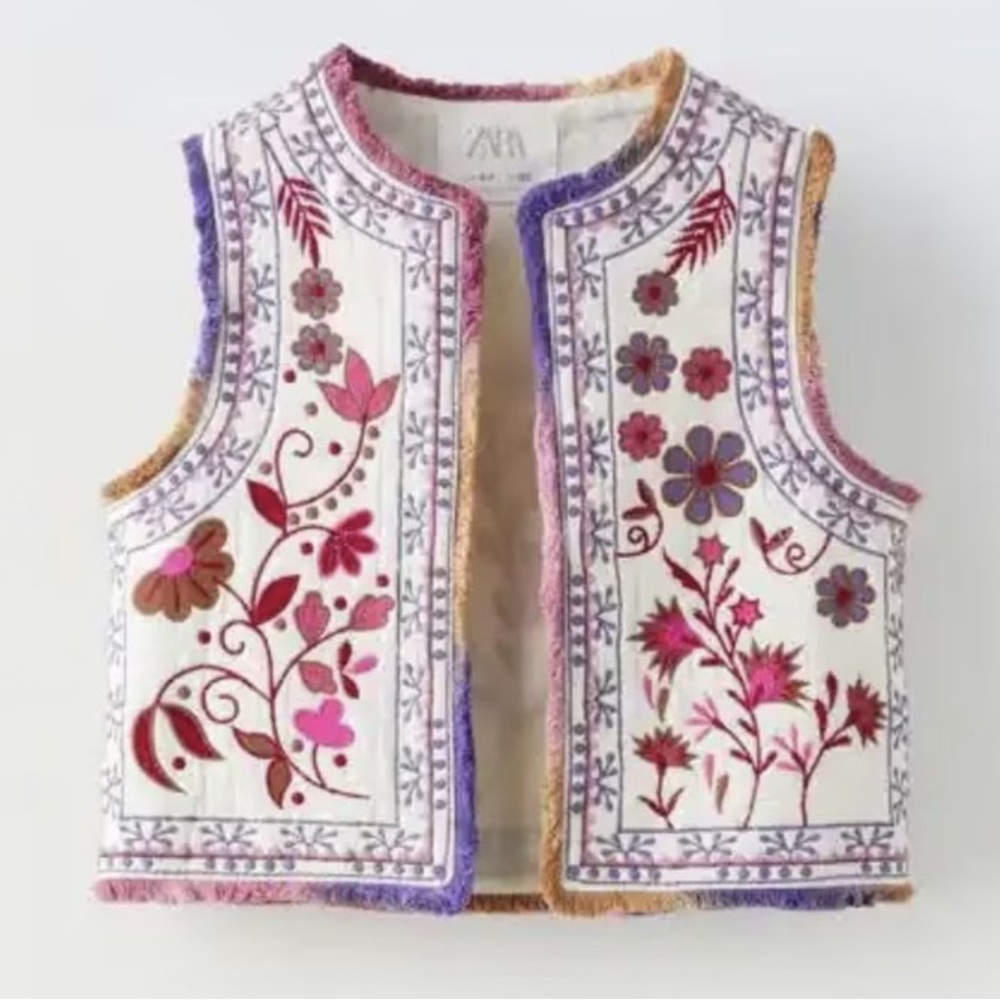 Zara Multicolor Embroidered Vest Girls Size 9-10 Floral